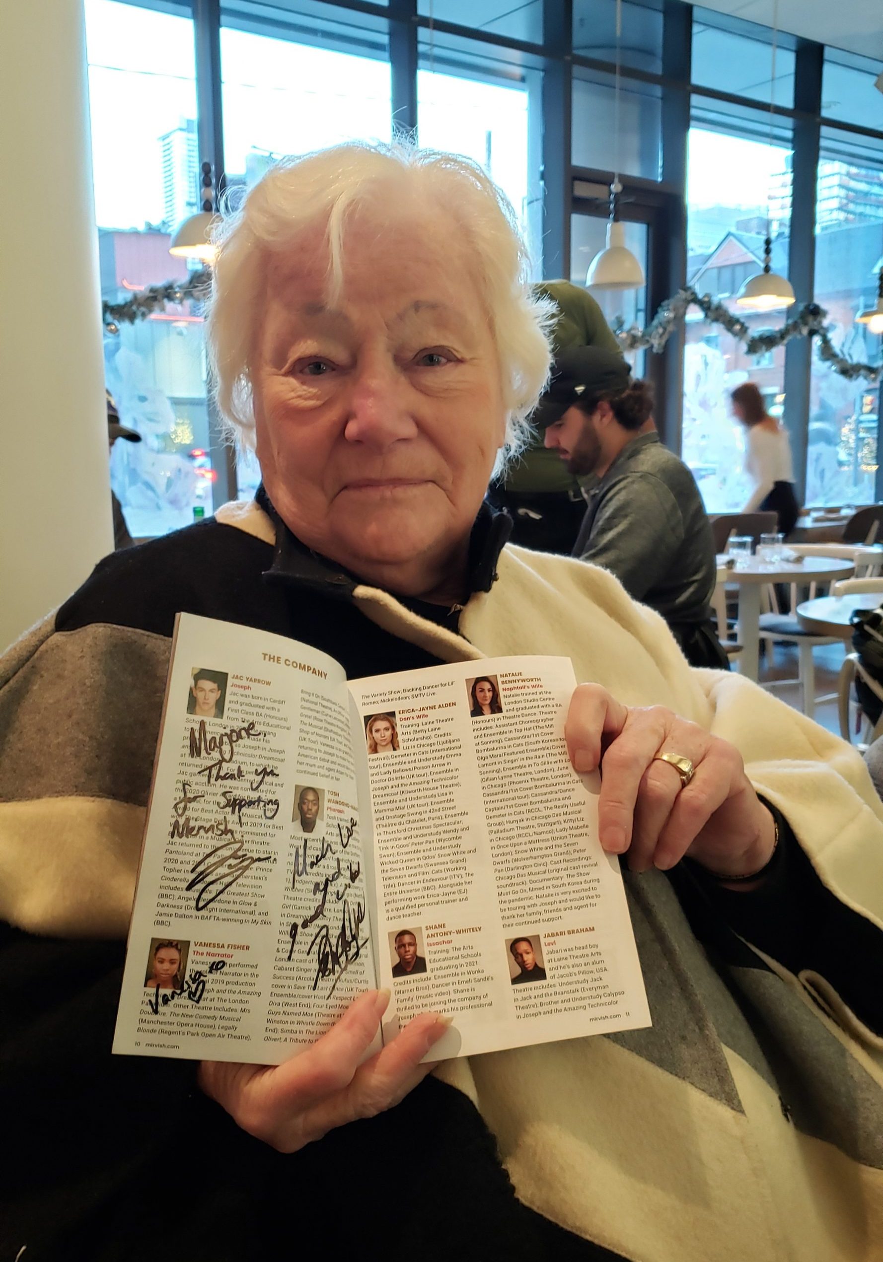 Marjorie signed on the program book of the Amazing Technicolour Dreamcoat at the Princess of Wales Theatre.